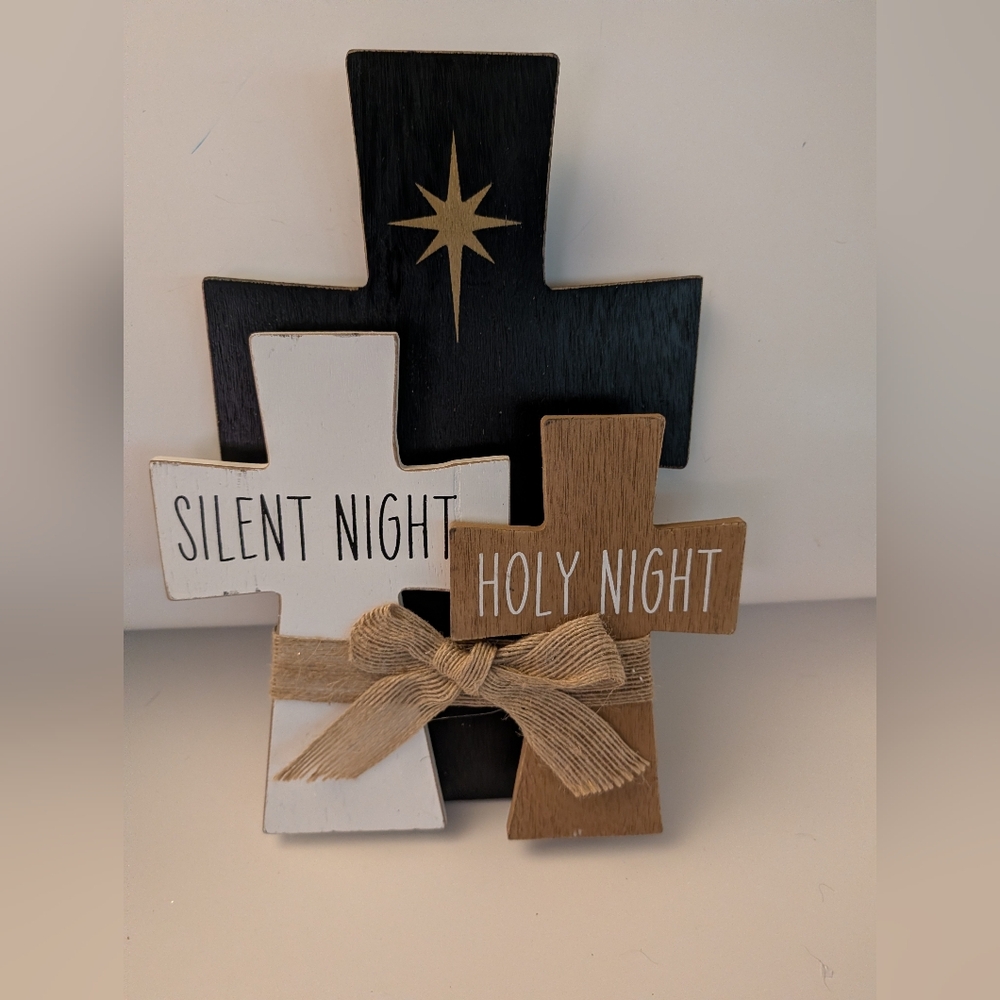 Rustic Silent Night and Holy Night Cross Plaque
